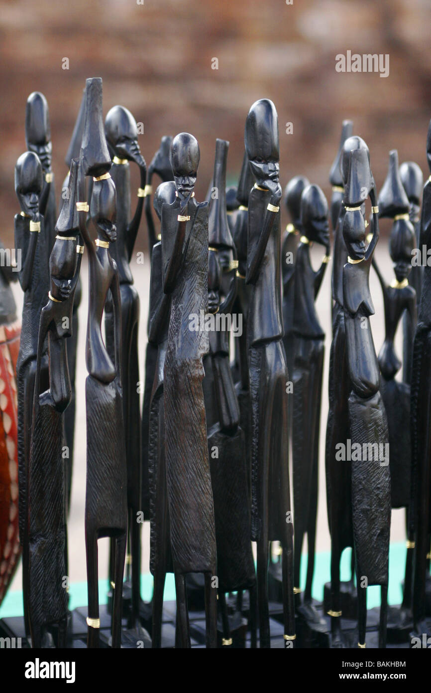 Wooden statues for sale at an African market in South Africa Stock