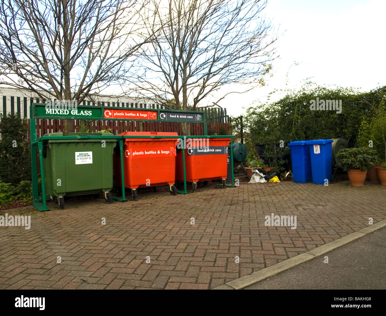 Various Items Recycling Drop off Point for Glass and Paper Stock Photo