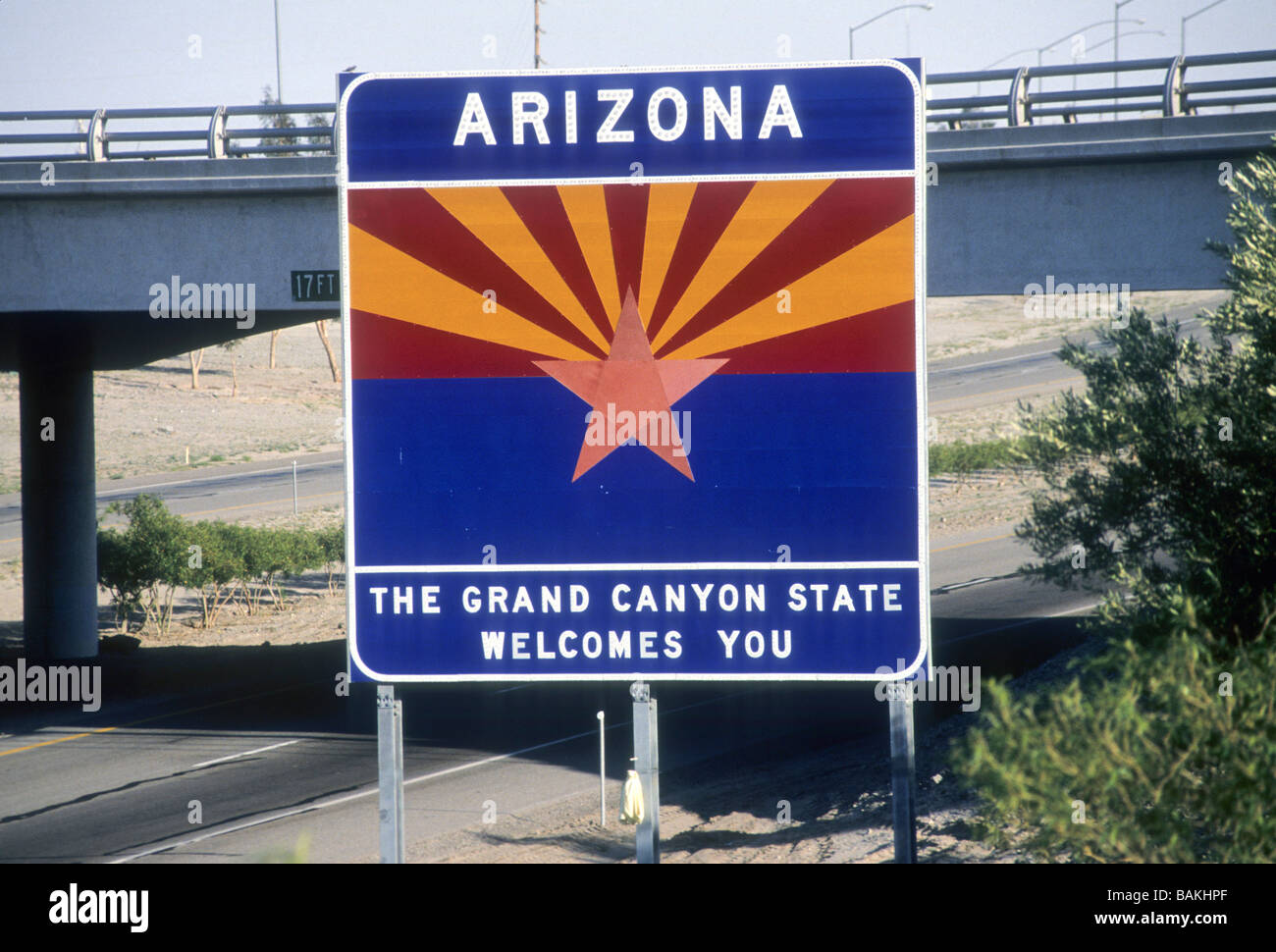 Welcome sign Arizona state highway road tour travel public relations ad freeway interstate border Stock Photo