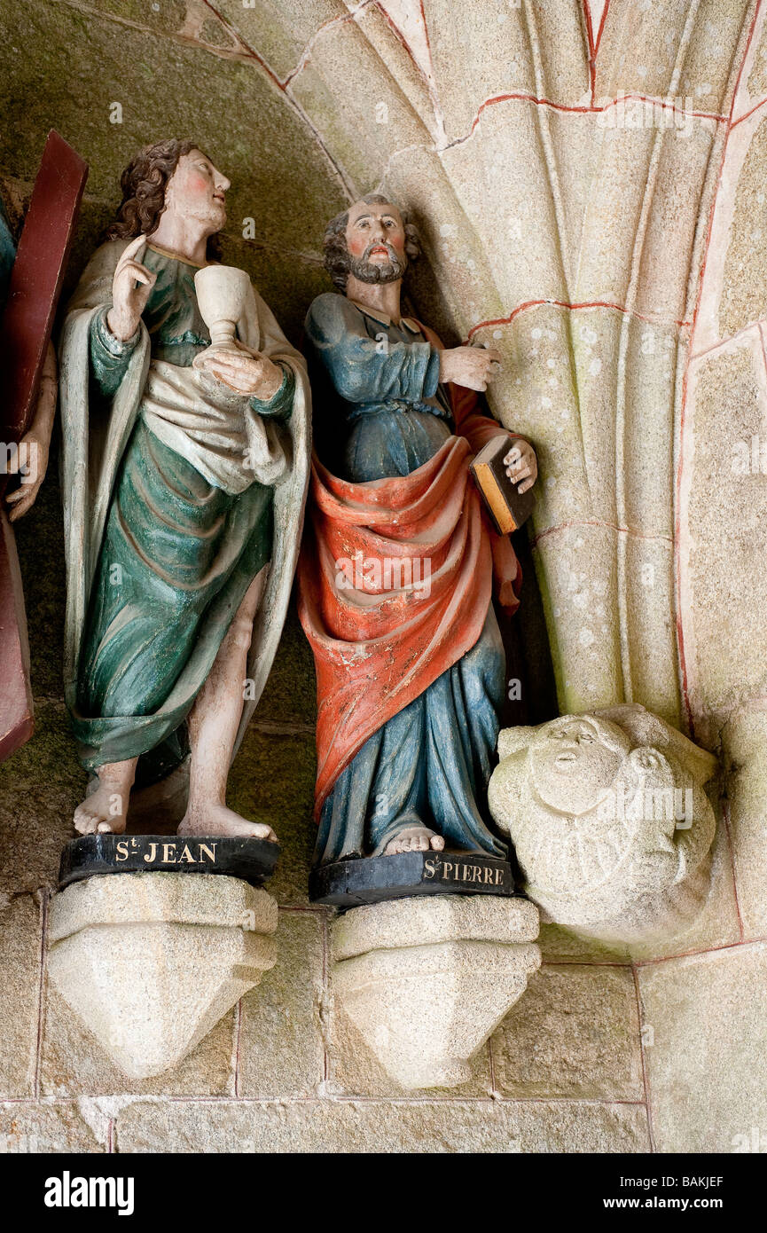 France, Cotes d'Armor, enclos paroissial de Tredrez, evangelists at the entrance of Church Stock Photo