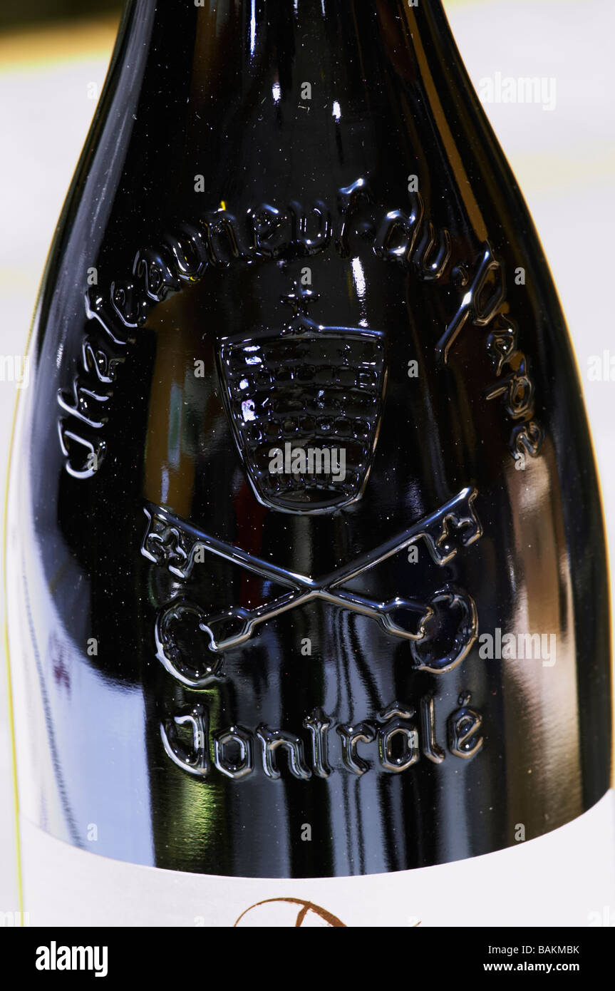 bottle with moulded relief on the neck domaine giraud chateauneuf du pape rhone france Stock Photo