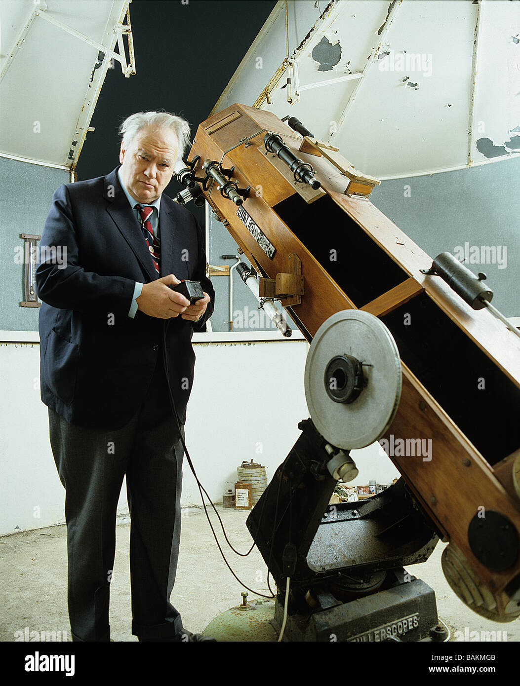Patrick Moore with telescope in his observatory Stock Photo Alamy