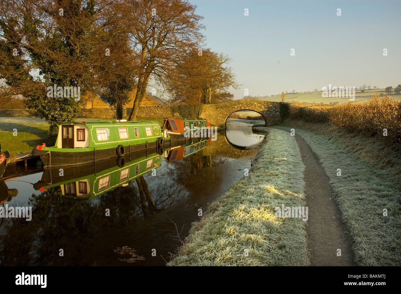 Brecon and Monmouth  canal in winter Powys Wales with narrow boat Stock Photo