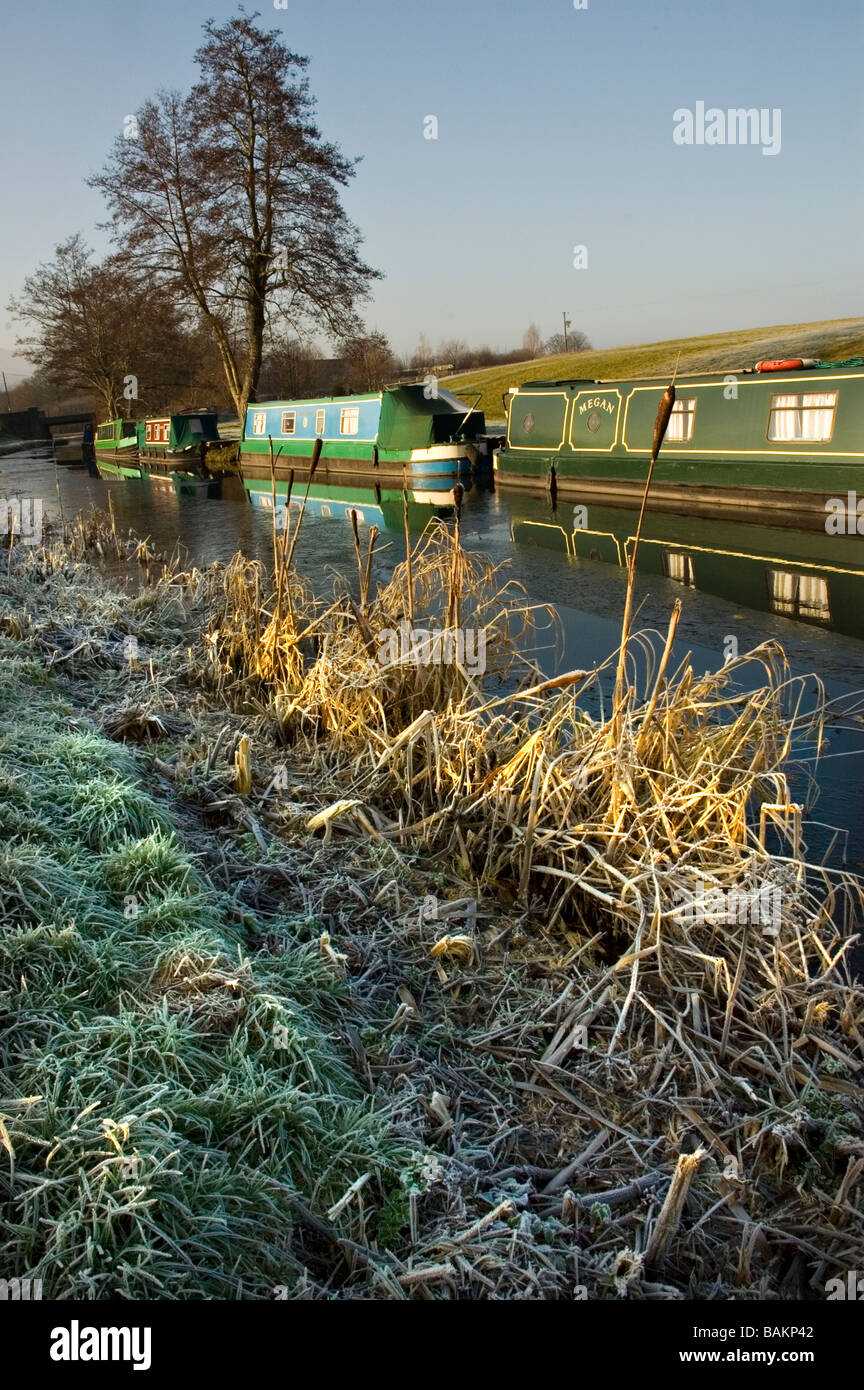 Brecon and Monmouth canal winter narrow boat Stock Photo