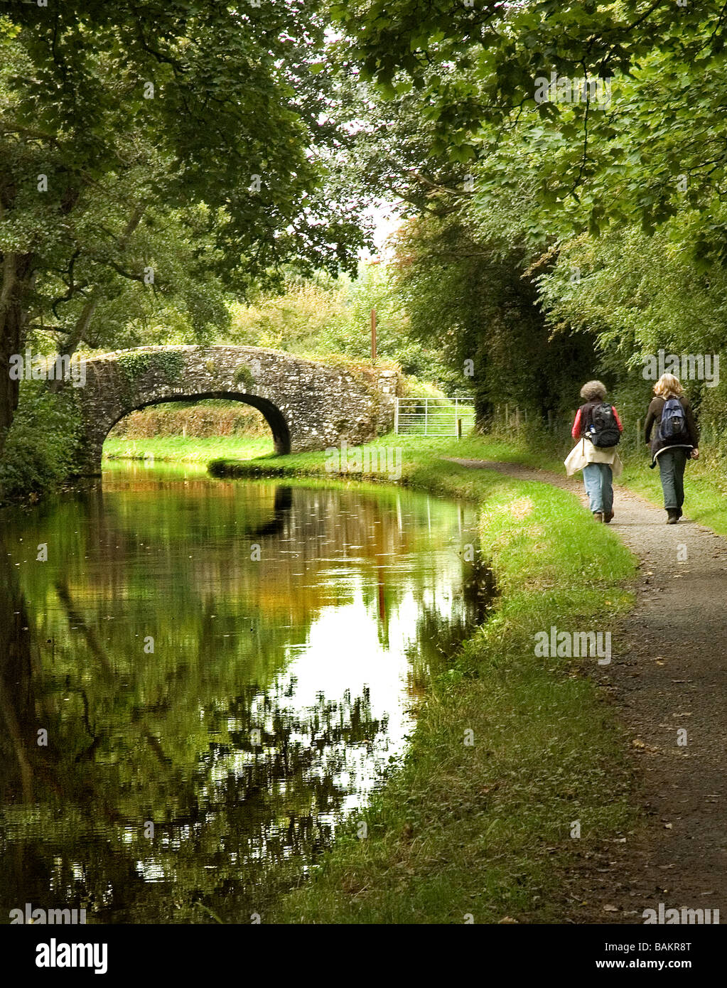Walkers on the Brecon and Monmouth canal Powys Wales Stock Photo