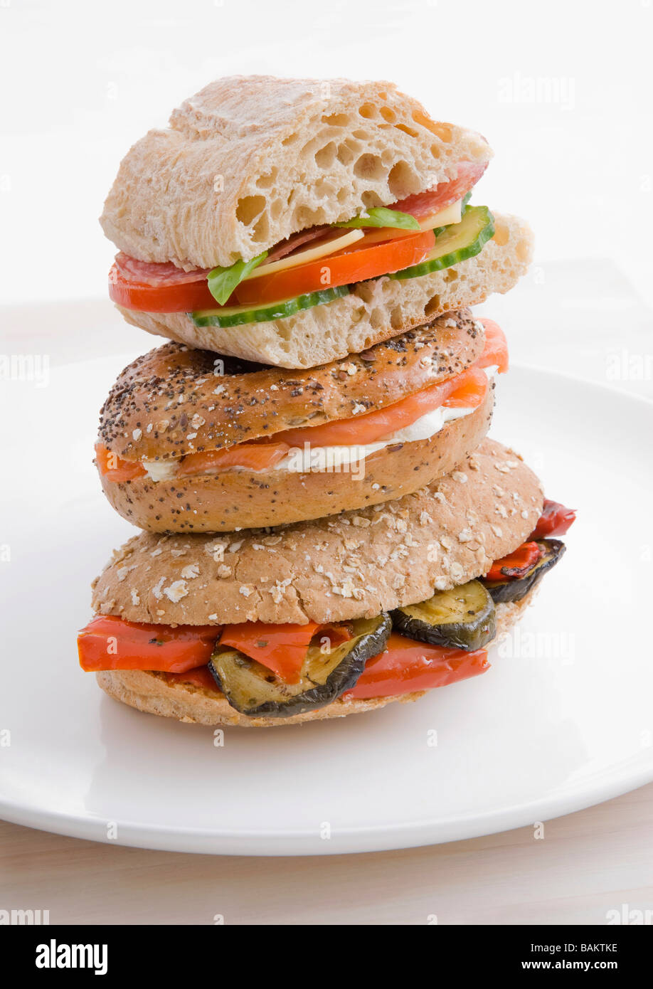 Cheese, tomato, salami and Cucumber Baguette, Smoked Salmon and Cream