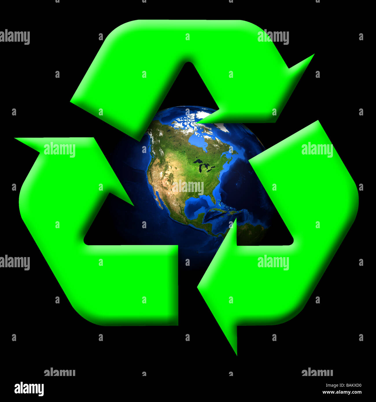 Rendered Earth image (map courtesy of NASA) showing North America within green recycle symbol Stock Photo