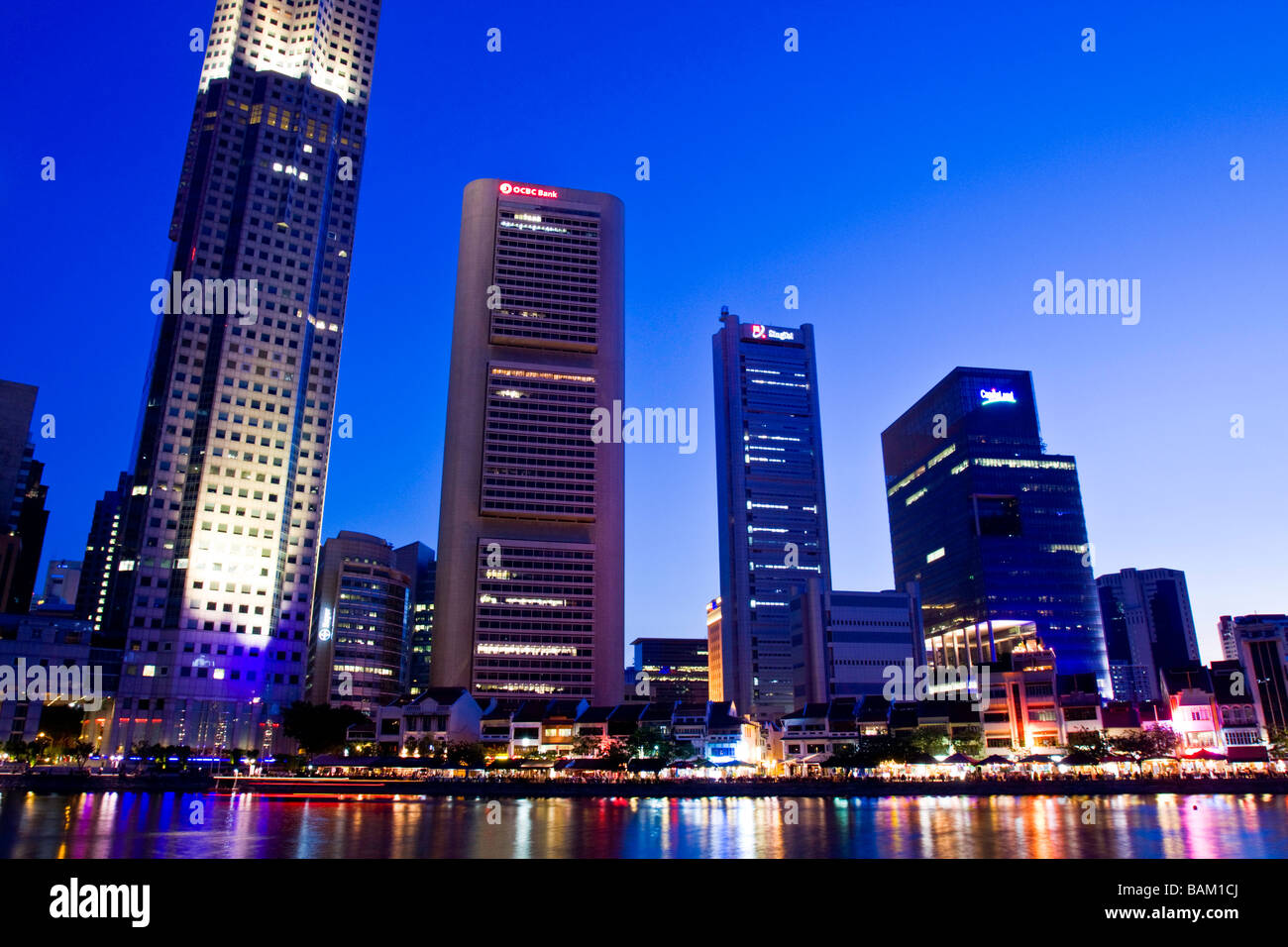 Asia, Singapore, Boat Quay, Evening Skyline Stock Photo Alamy