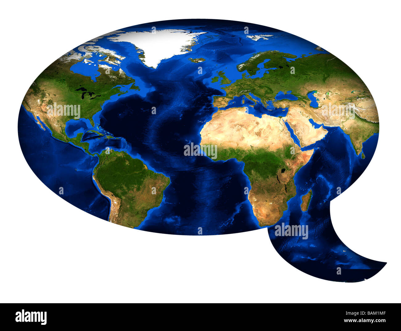 Rendered Earth image (map courtesy of NASA) within speech bubble on white background Stock Photo
