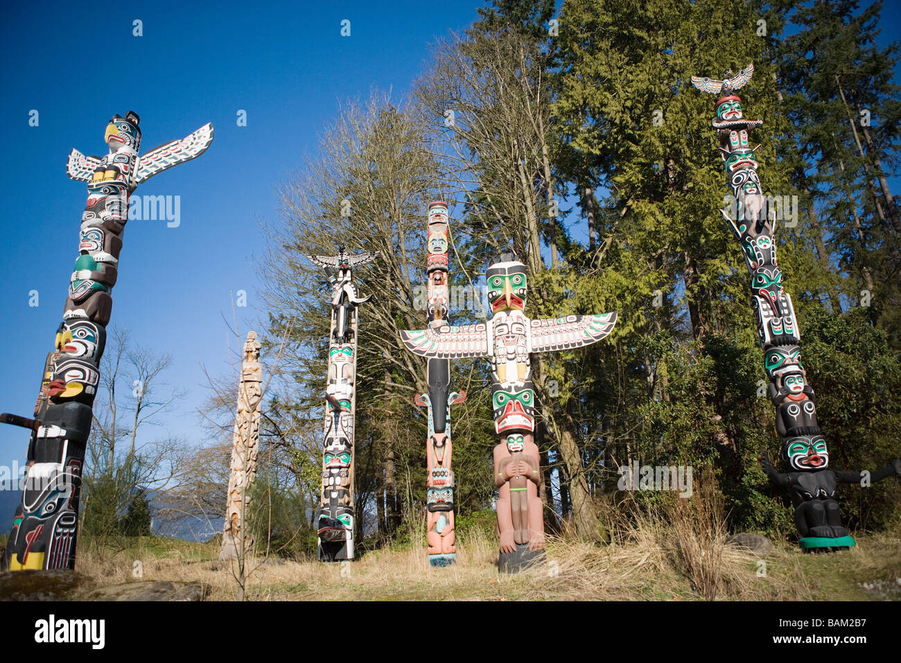 Totem poles in stanley park vancouver Stock Photo