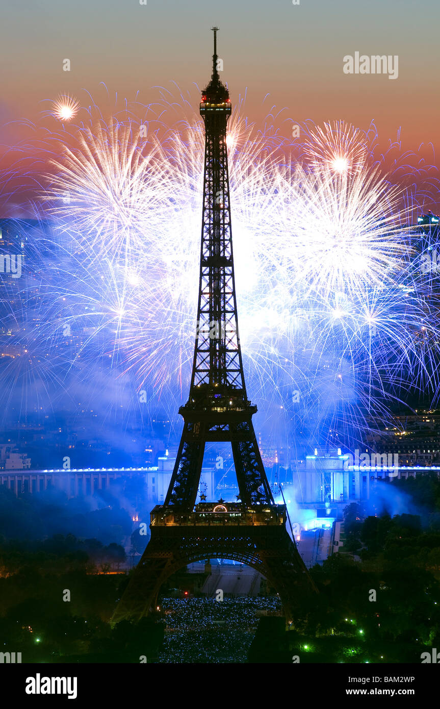 France, Paris, the Eiffel Tower and the fireworks of the 14th of July Stock Photo