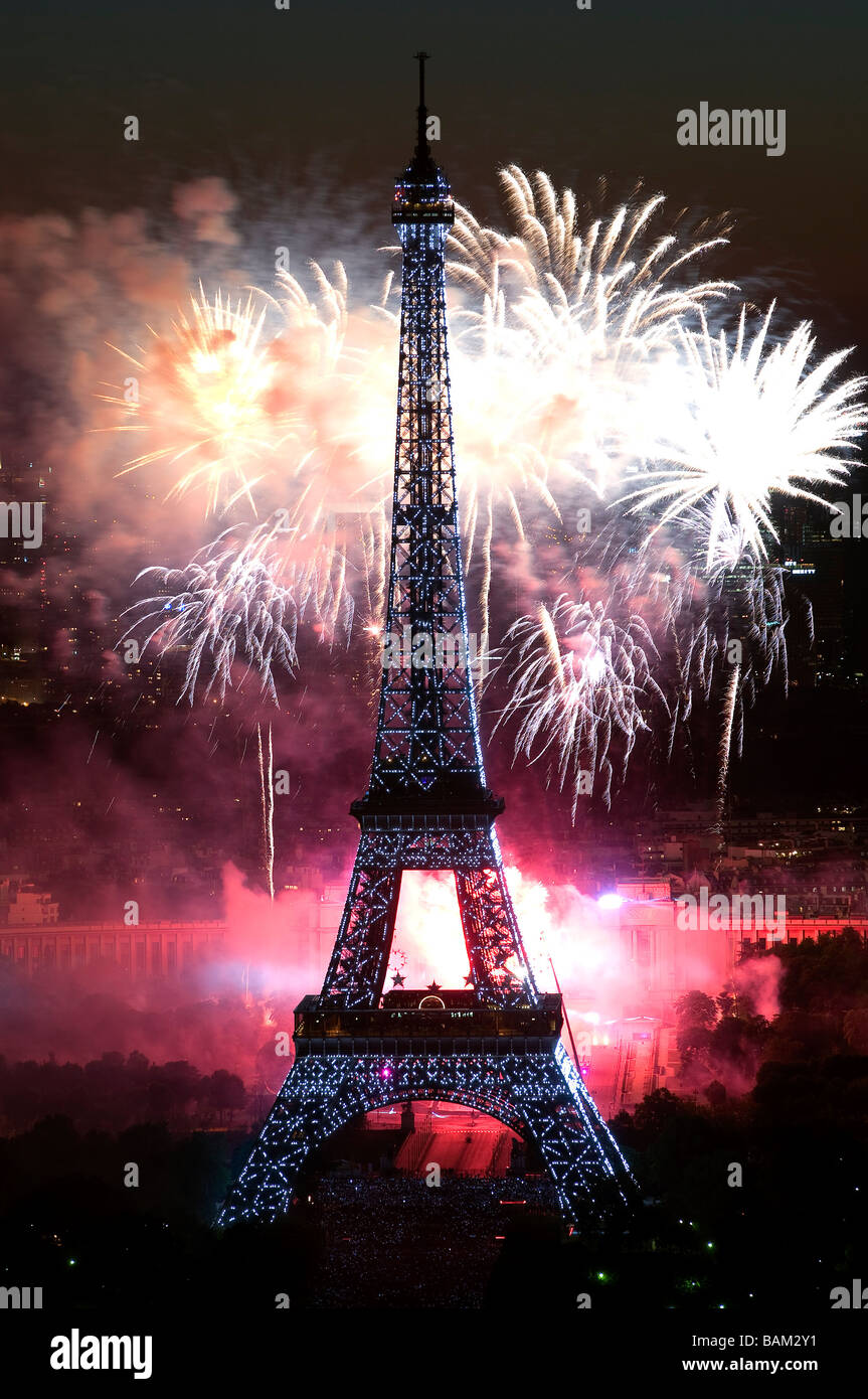 France, Paris, the Eiffel Tower and the fireworks of the 14th of July Stock Photo