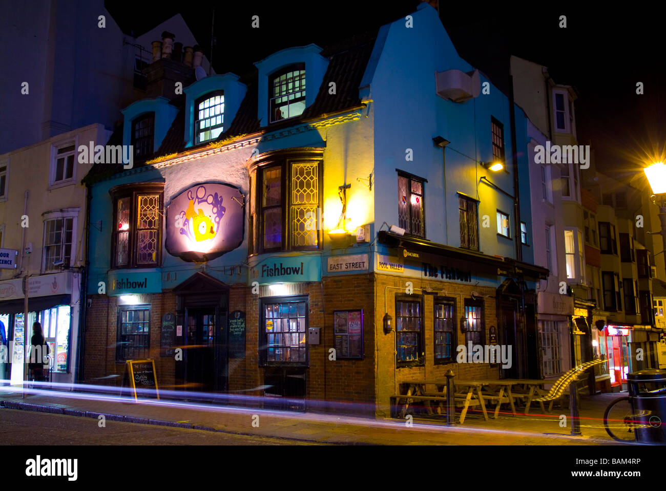 Brighton and Hove City night time street scenes and public houses with very slow shutter speed Stock Photo