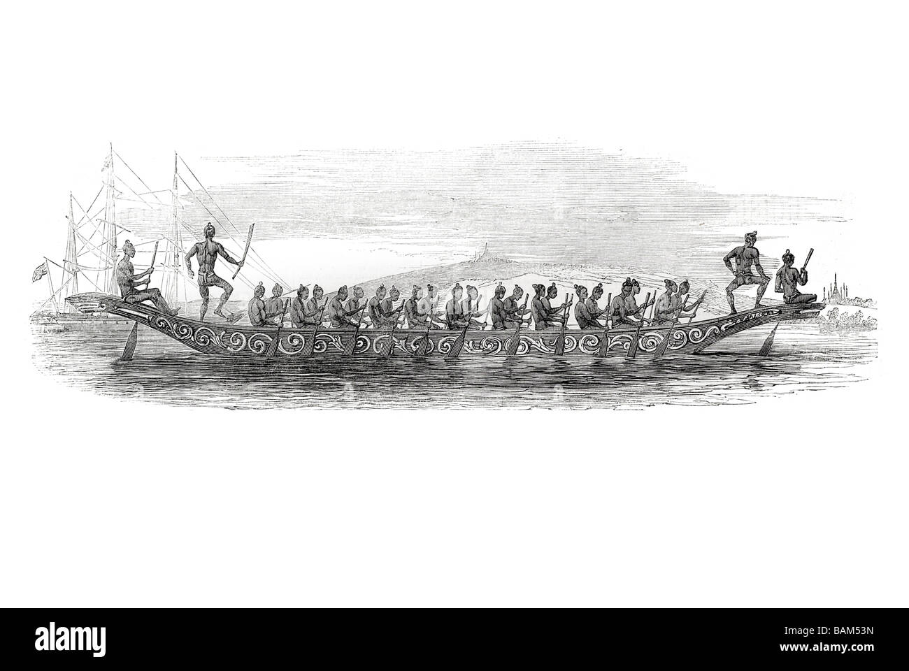 burmese war boat kiyake canoe traditional transport native natives warrior warriors battle rowing sea water lake row oars Stock Photo