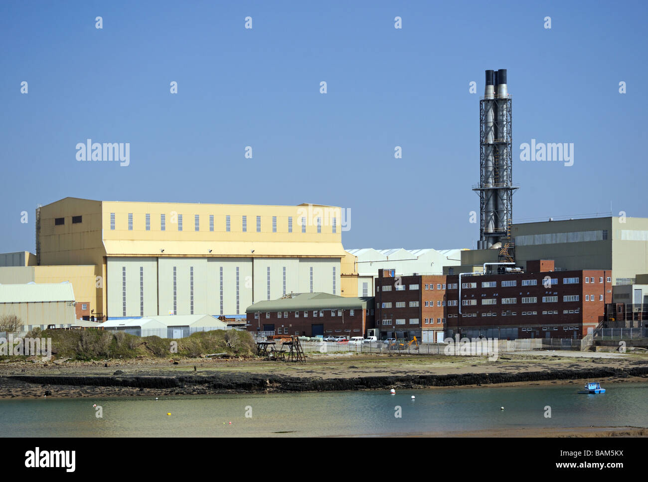 Walney Channel and BAE Systems buildings. Barrow-in-Furness, Cumbria, England, United Kingdom, Europe. Stock Photo