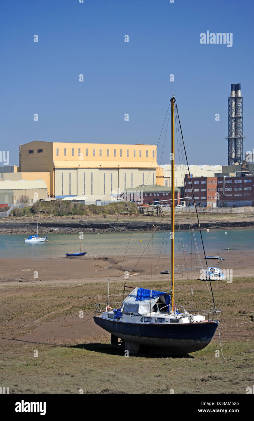 Walney Channel and BAE Systems buildings. Barrow-in-Furness, Cumbria, England, United Kingdom, Europe. Stock Photo