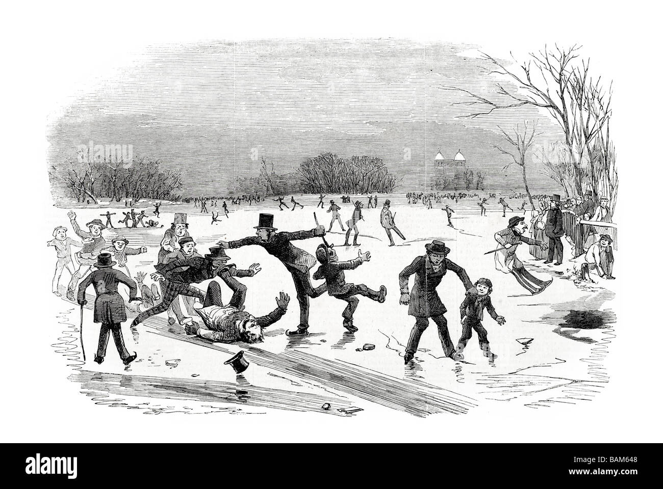 skating in the regent's park frozen chill winter cold water 1854 Stock Photo
