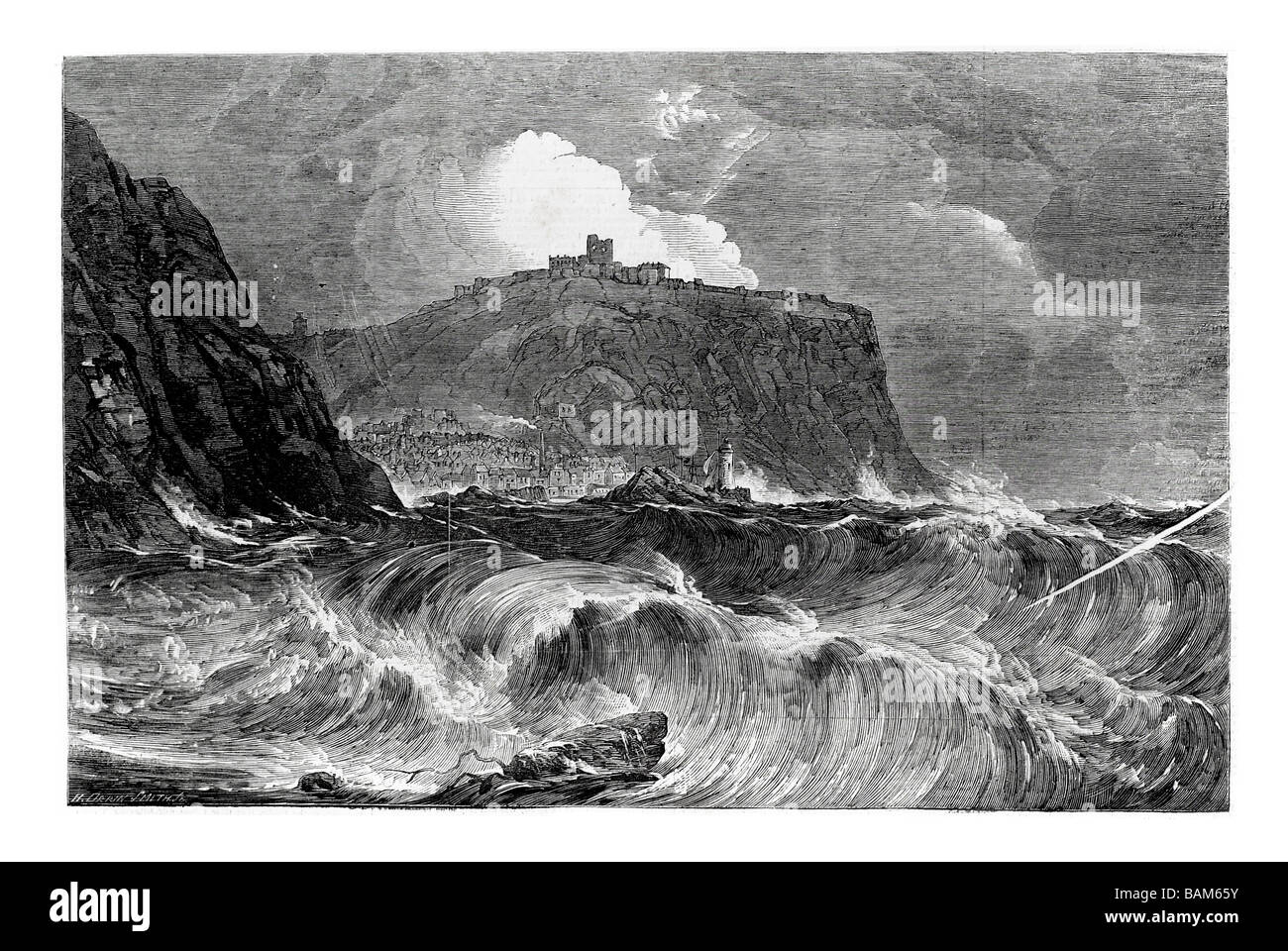 scarborough North Sea coast North Yorkshire England waves wind storm crashing undulate white Coast castle tide 1854 Stock Photo