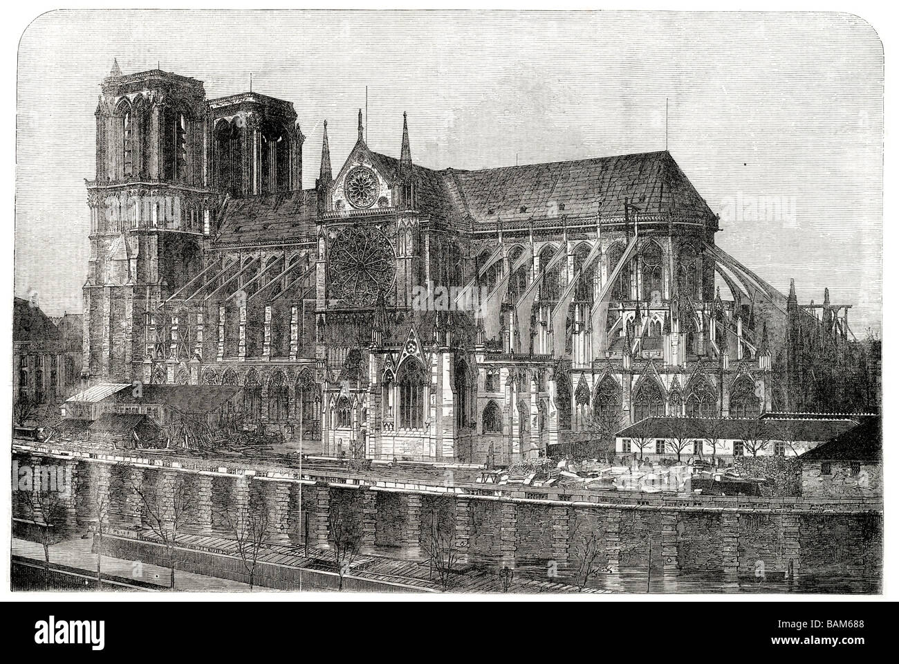 her majestys visit to the paris notre dame from the seine Gothic cathedral 1855 Stock Photo