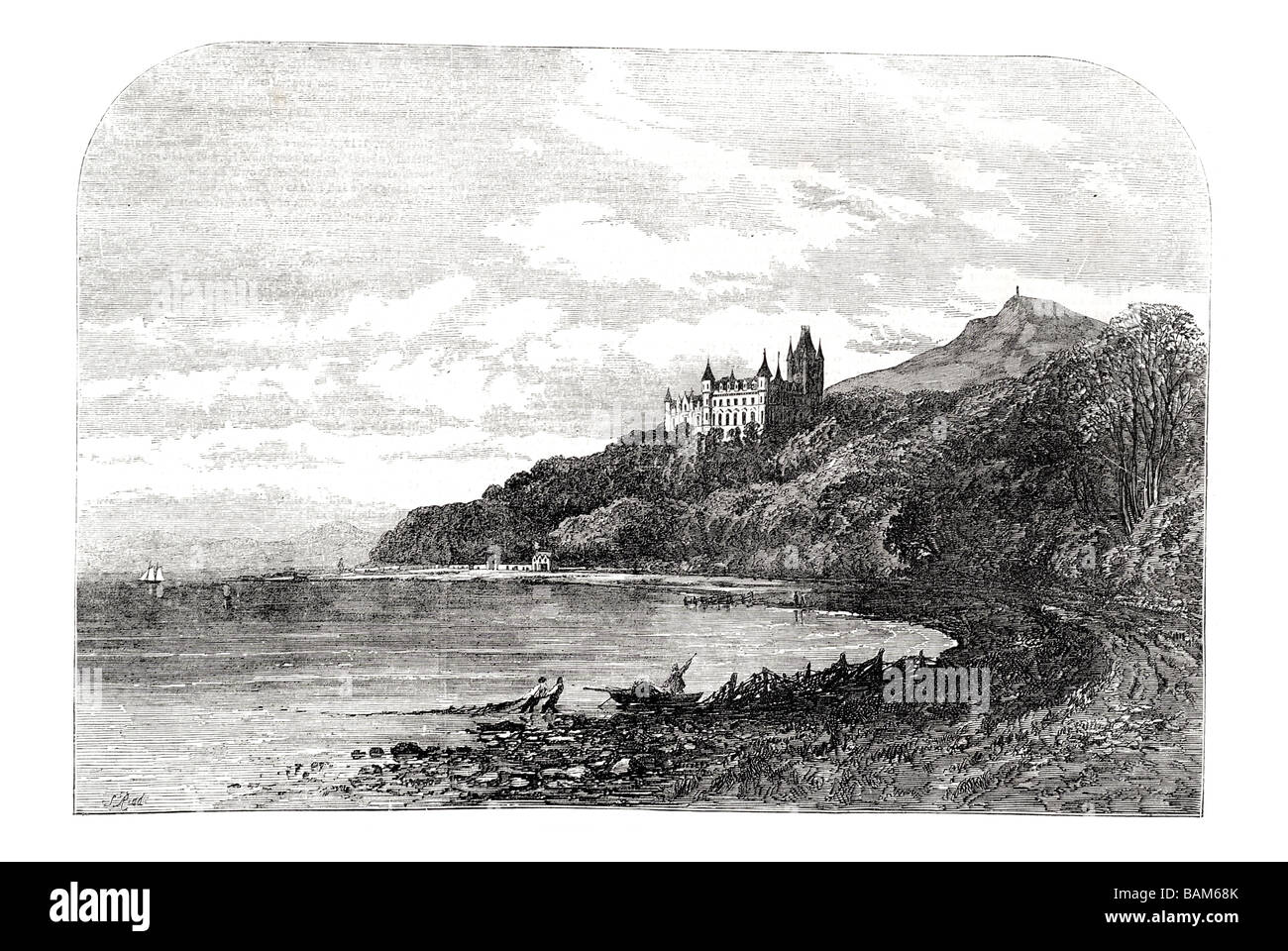 dunrobin castle from the east Sutherland Highland Scotland 1855 medieval clad fairytale Scots Baronial curtain Stock Photo