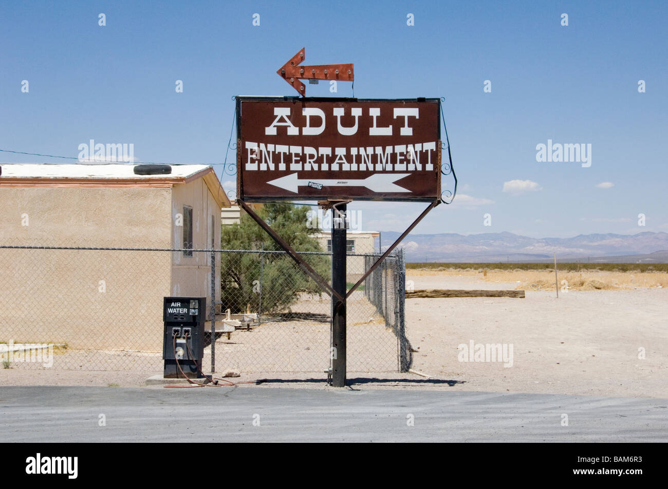 American Adult Entertainment Sign at Gas Station along Route 95, Nevada, USA Stock Photo