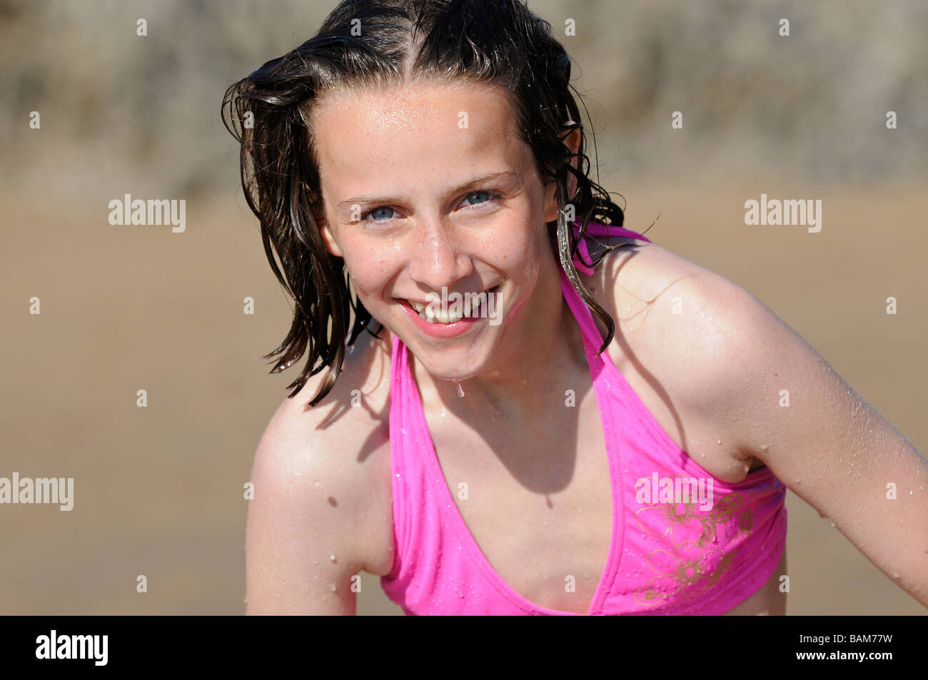 closeup portrait of girl wet after a swim Stock Photo