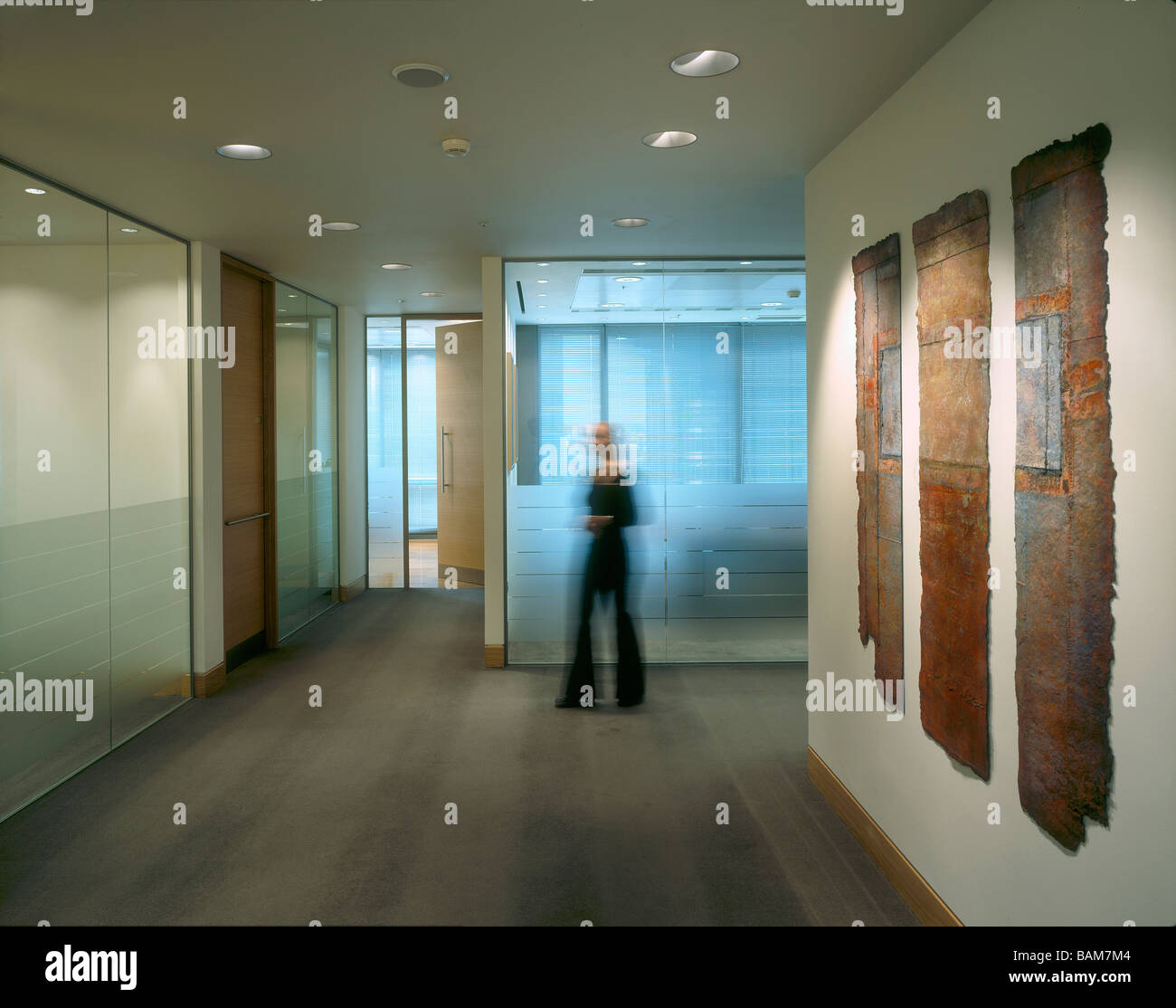 Northern Trust Offices, London, United Kingdom, T P Bennett, Northern trust offices view of corridor artwork and offices. Stock Photo