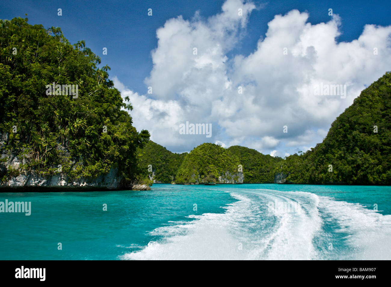 Boat Trip through Rock Islands Pacific Micronesia Palau Stock Photo
