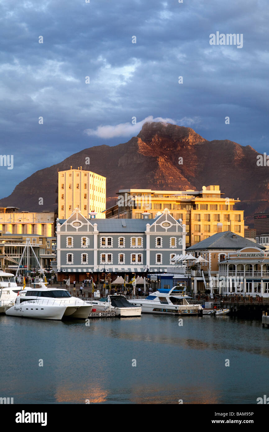 The Waterfront lit up at sunset, Cape Town, South Africa Stock Photo