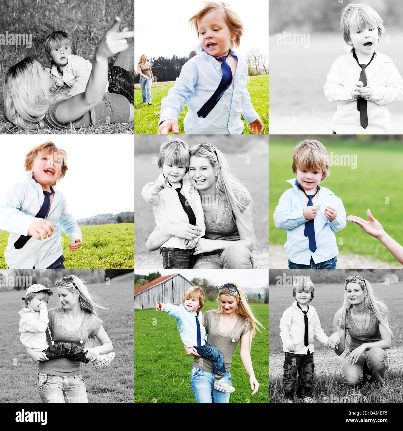 Young mother with her two years old son outside in the meadow Stock Photo