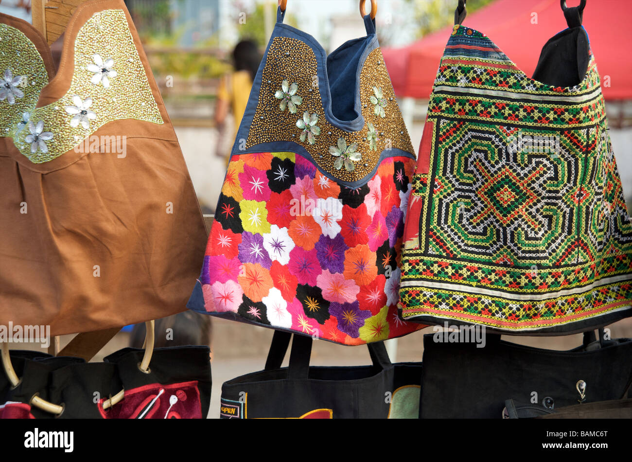 Embroidered bags for sale in the night market of Luang Prabang Laos