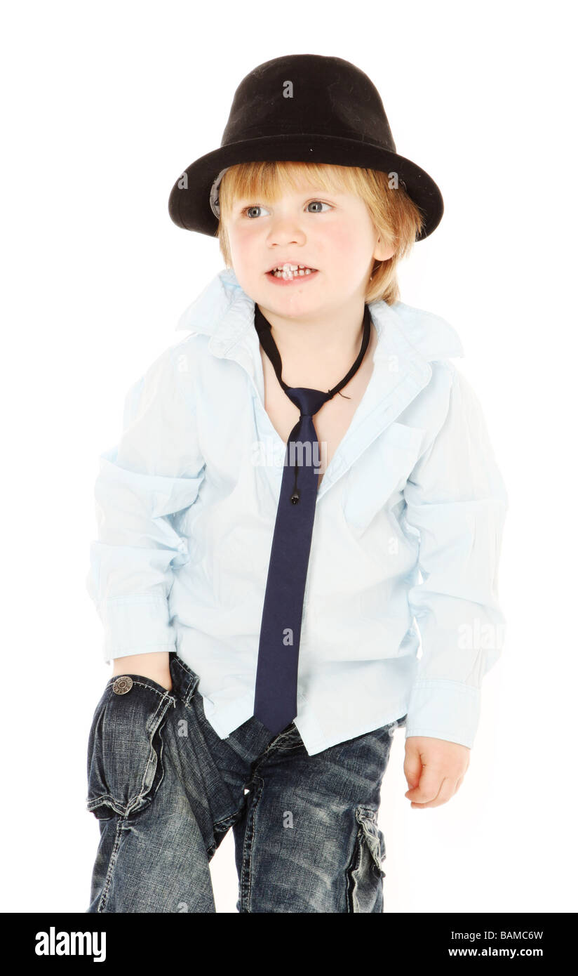 young boy with tie and hat isolated on white Stock Photo