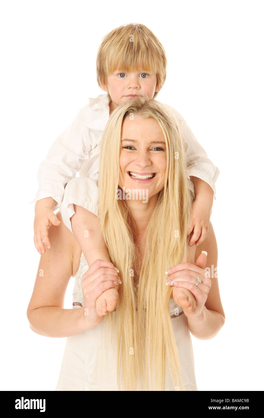 portrait of mother and son isolated on white Stock Photo