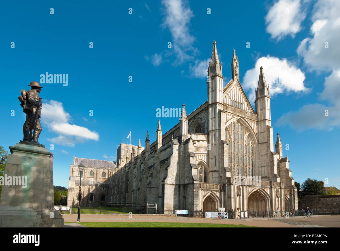 Winchester Cathedral Main entrance north west face with war memorial Stock Photo