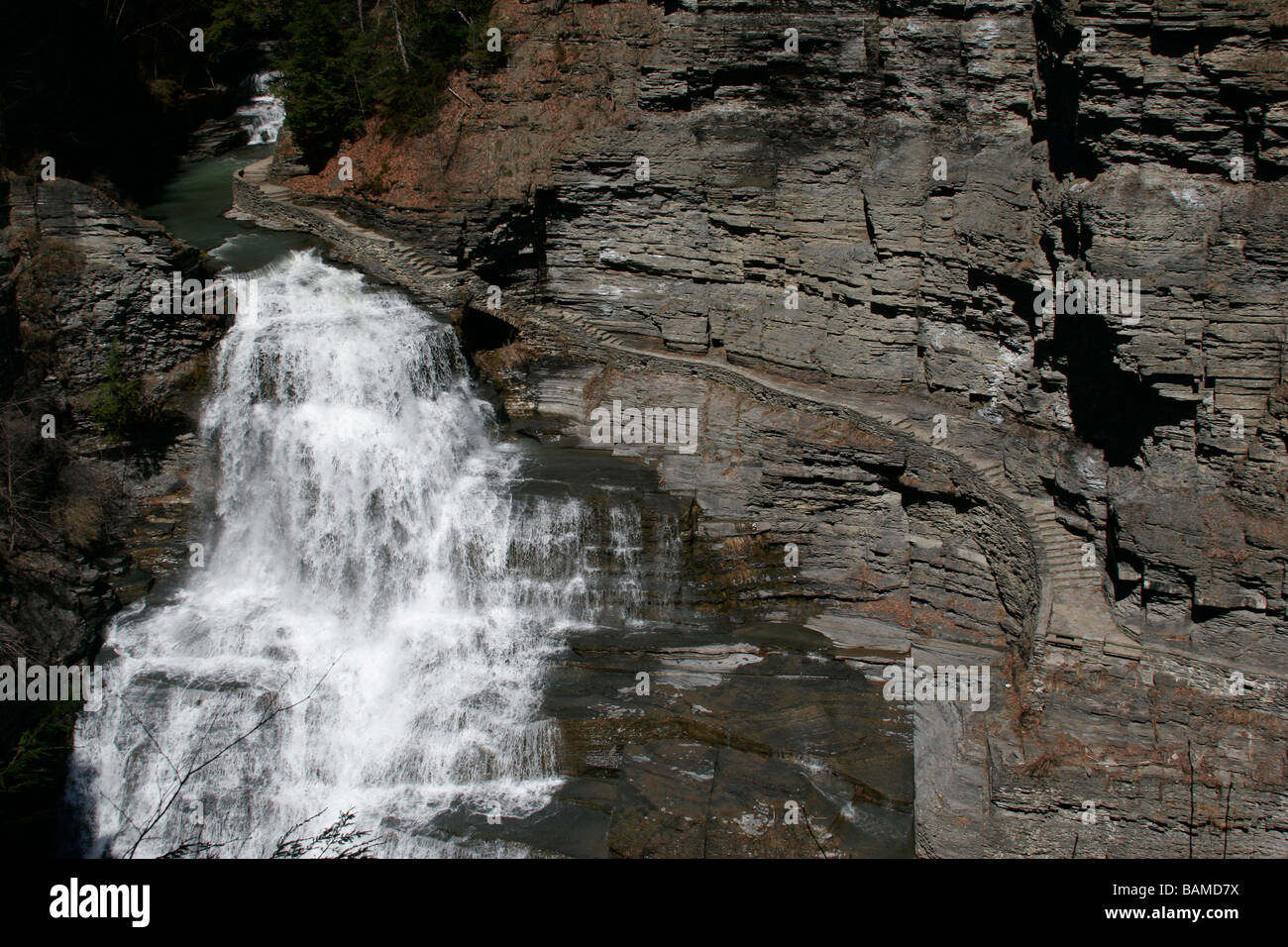 Falls and hiking trail at Robert H Treman State Park, south of Ithaca, New York, USA Stock Photo