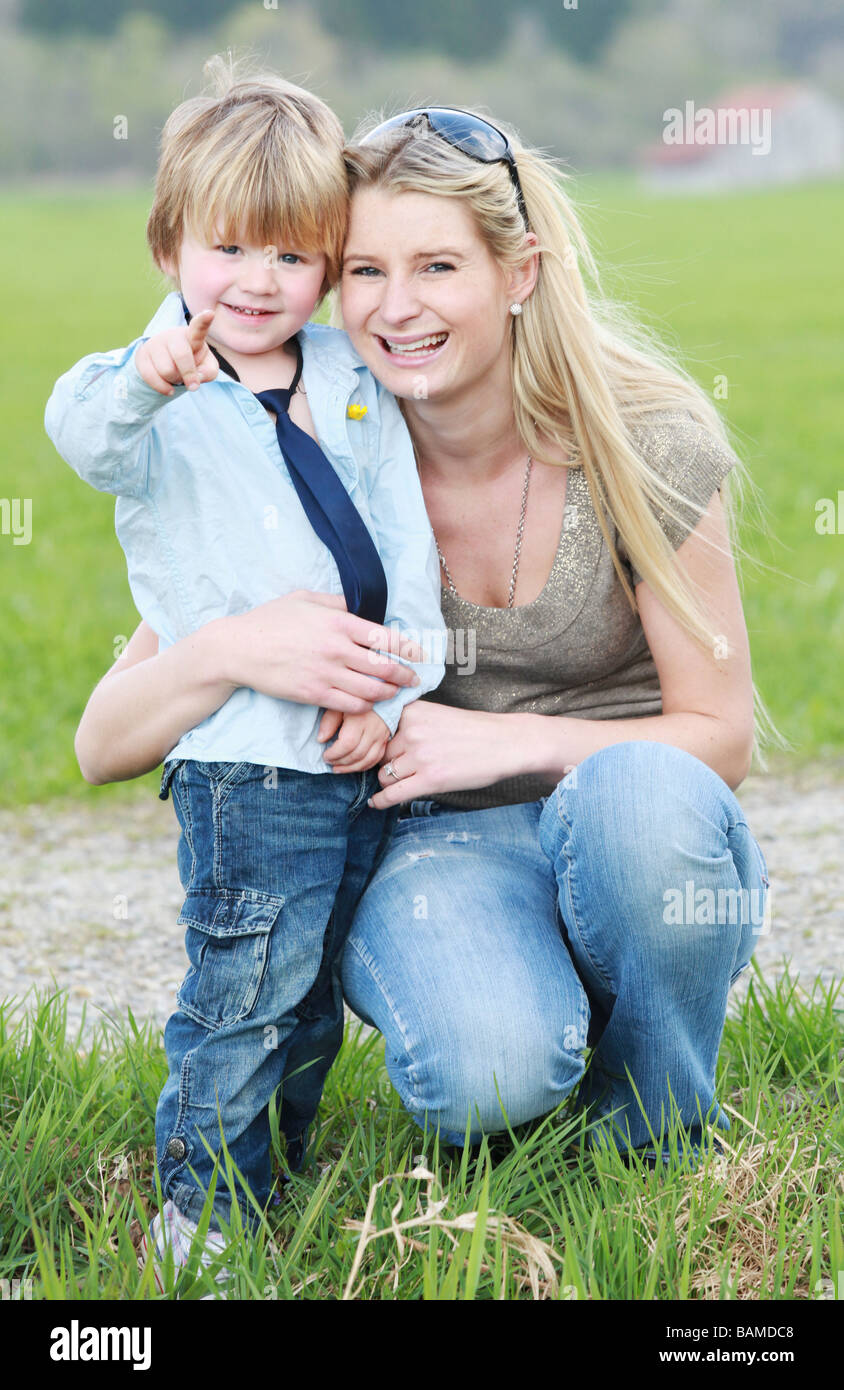 mother and son having fun outdoors Stock Photo