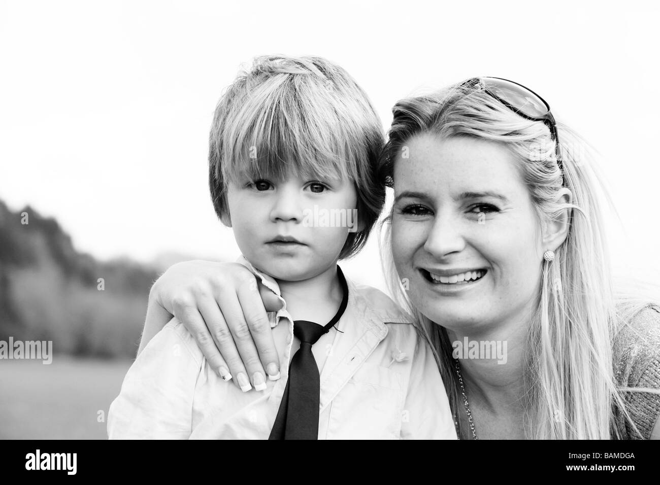mother and son having fun outdoors Stock Photo