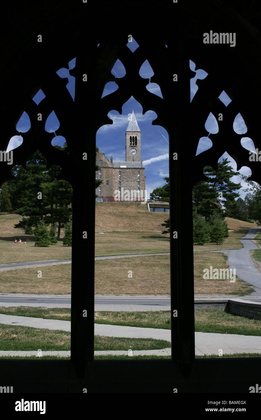 Cornell Uris Library and Clocktower, at Ithaca New York, as seen through an archway Stock Photo