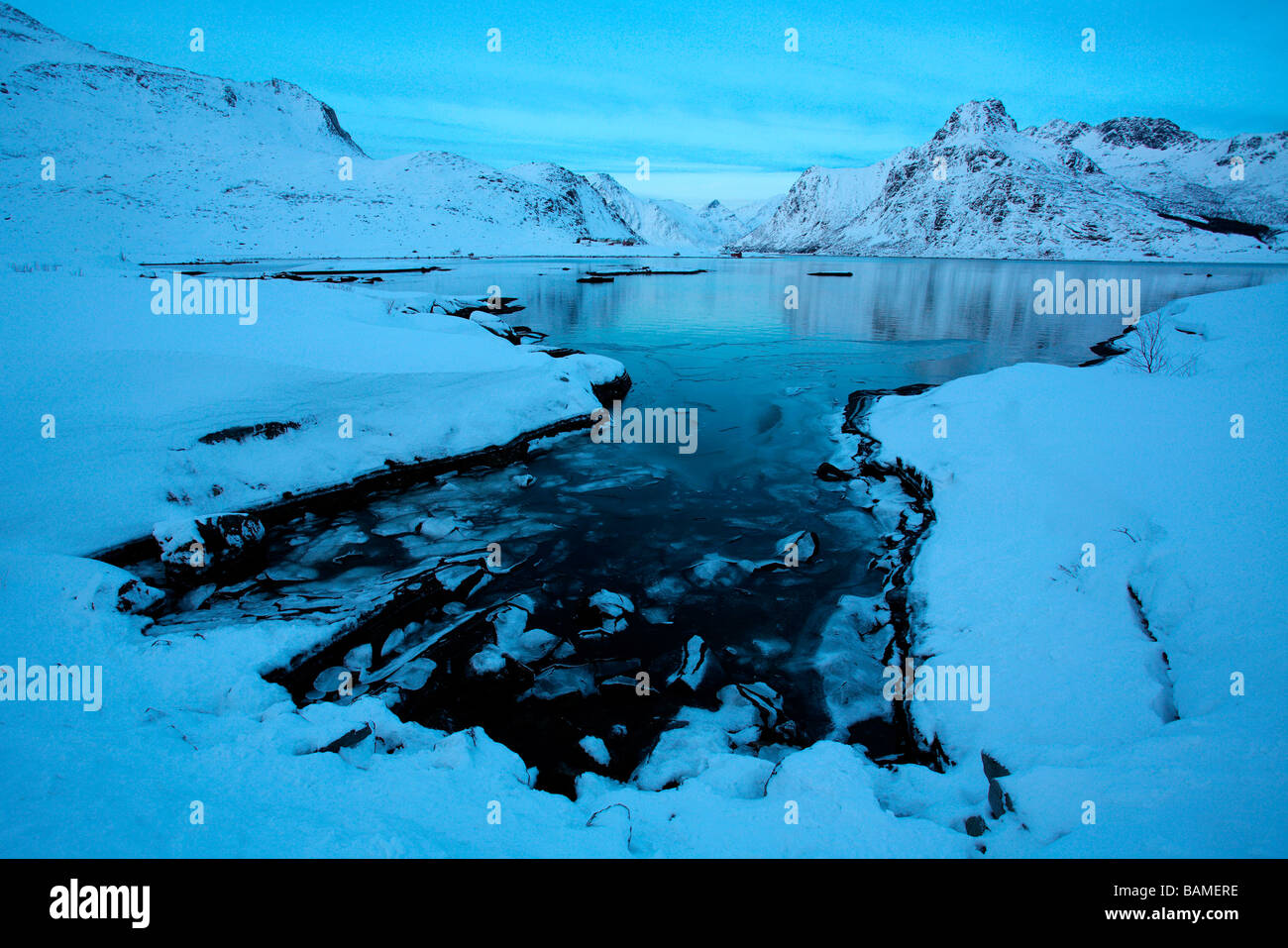 Norway, Lapland, Lofoten Islands, Flakstadoy Island, fjord Stock Photo
