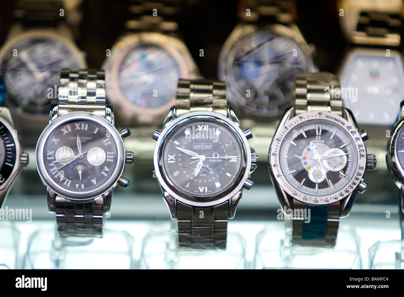 Store window display of watches in Ho Chi Minh City Vietnam Stock Photo