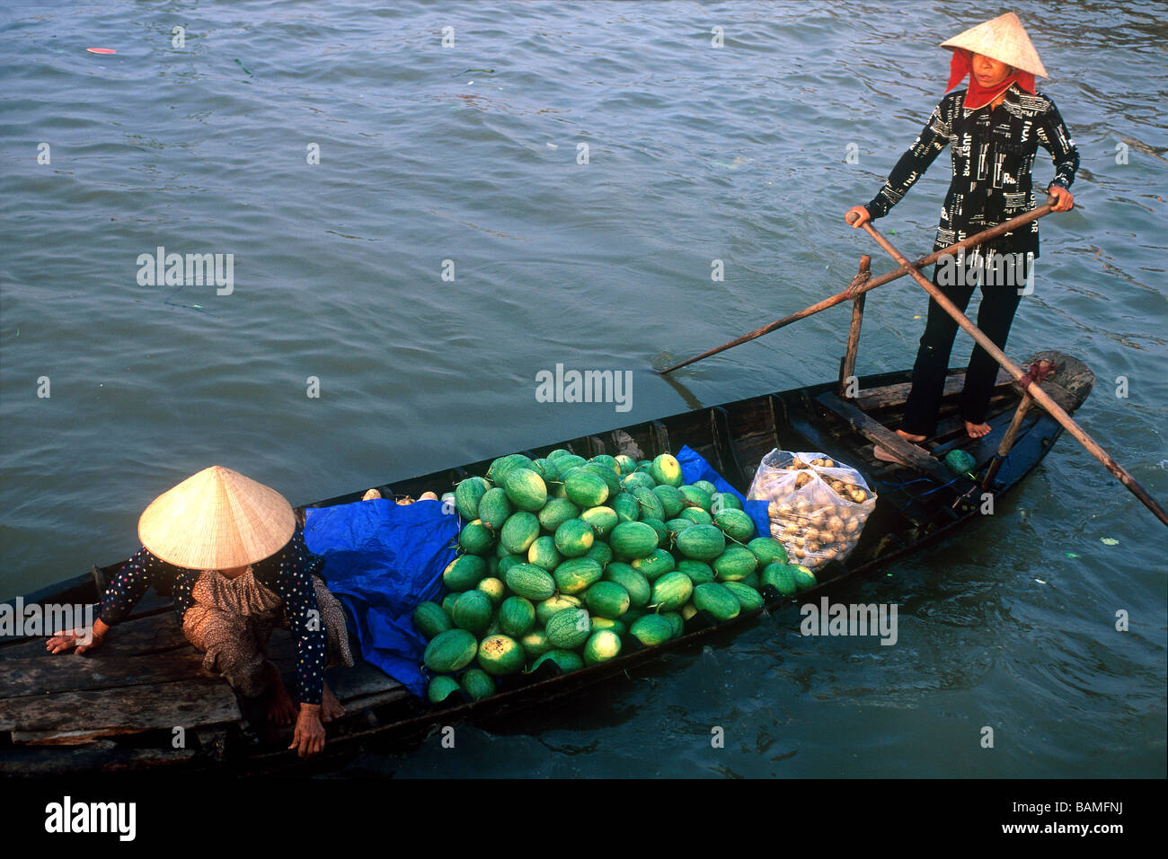 Vietnam, Can Tho Province, Mekong Delta, Can Tho, floating market of Cai Rang, watermelon saleswoman Stock Photo