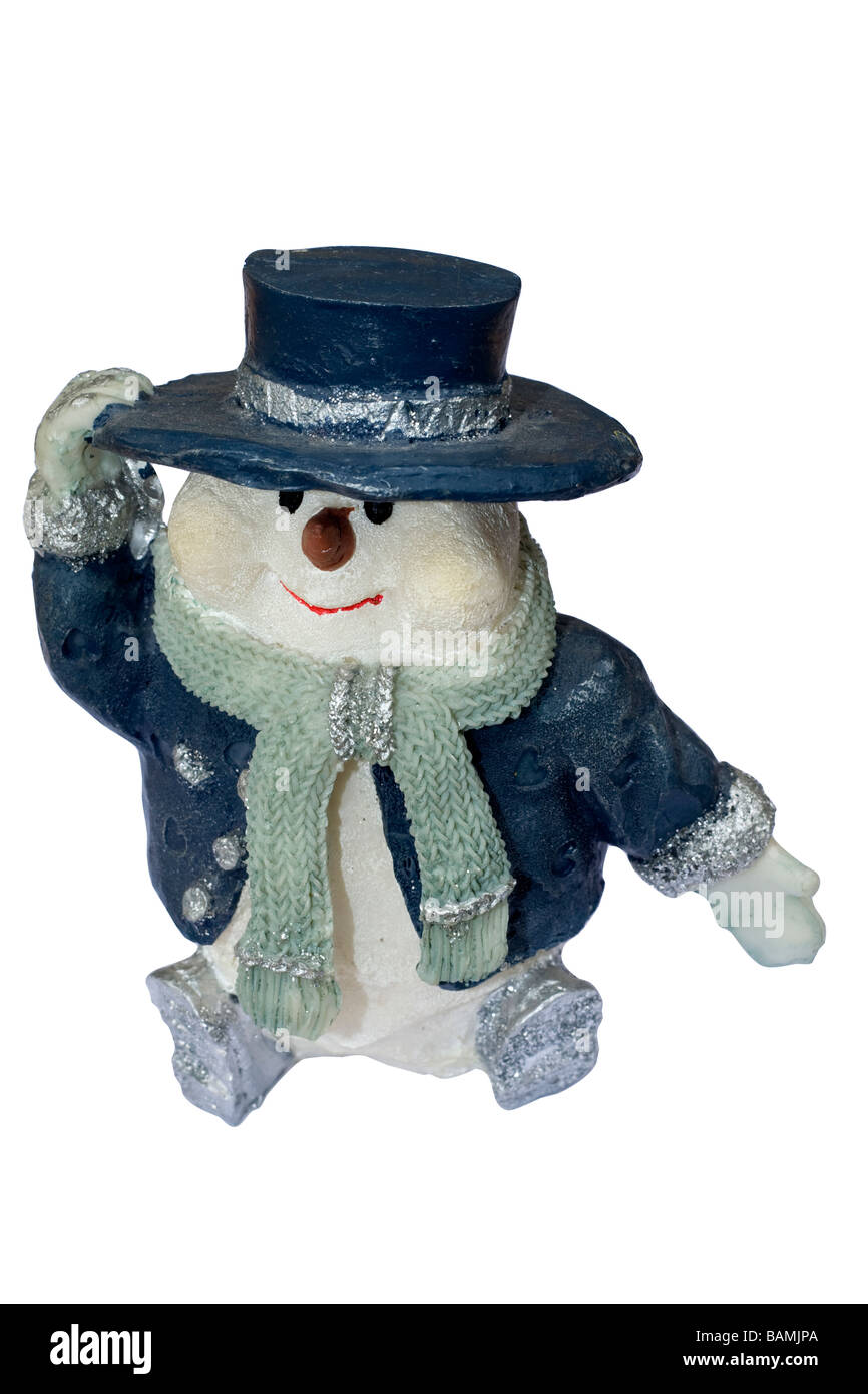 Stony, happy snowman figure  with blue hat isolated on white Stock Photo