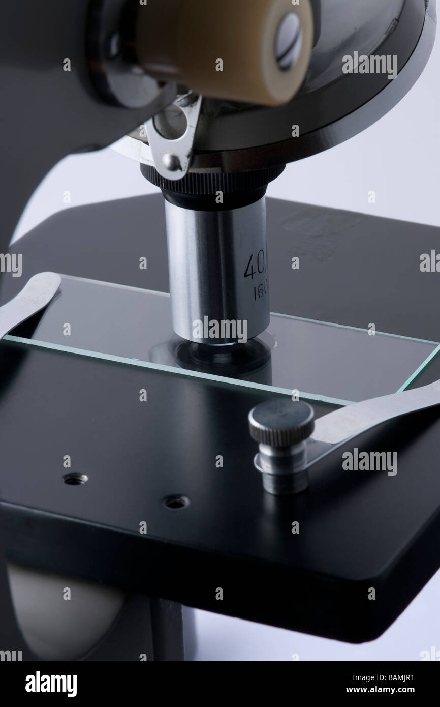 Rear view of a microscope showing the objective lens, stage, glass specimen slide, retaining clips and fine focus knob. Stock Photo