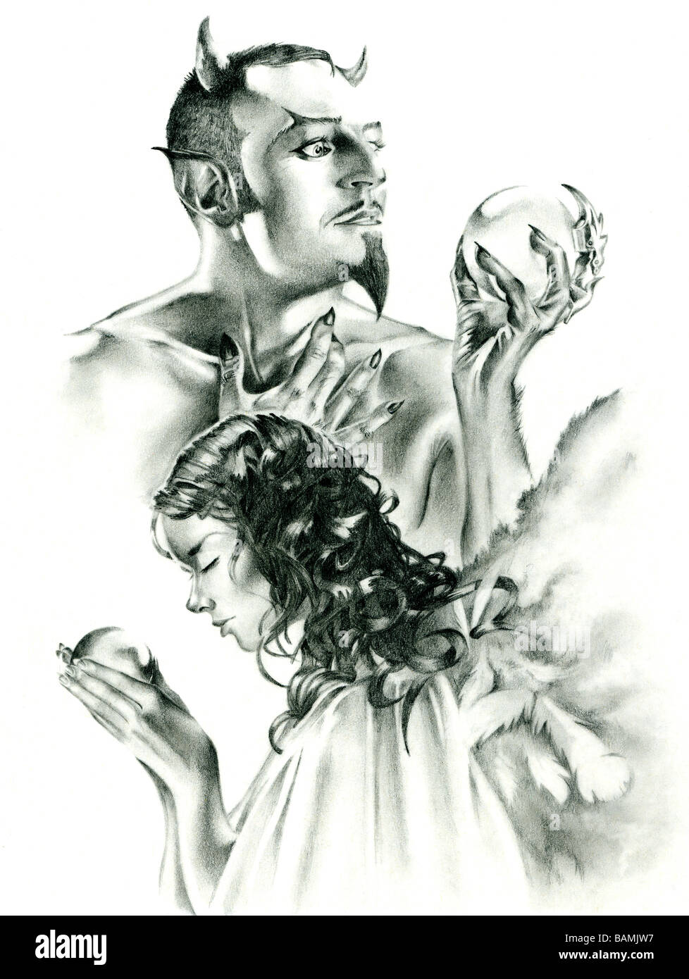 pencil drawing of an angel and a devil Stock Photo