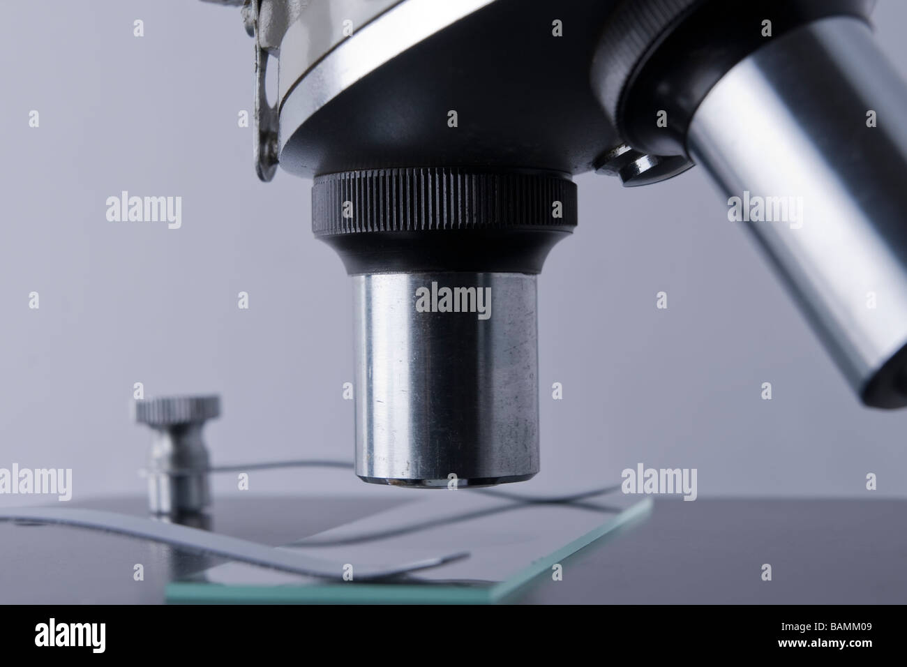 Side detail of a microscope showing 2 objective lenses and specimen slide Stock Photo