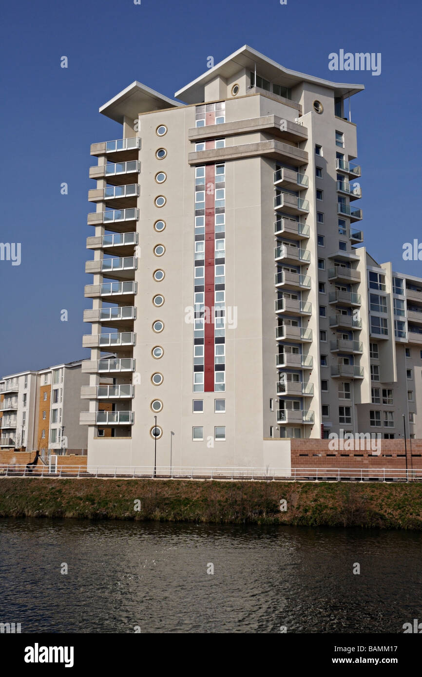 Modern apartment residential tower block, River Taff in Cardiff, Wales Riverside living. Housing