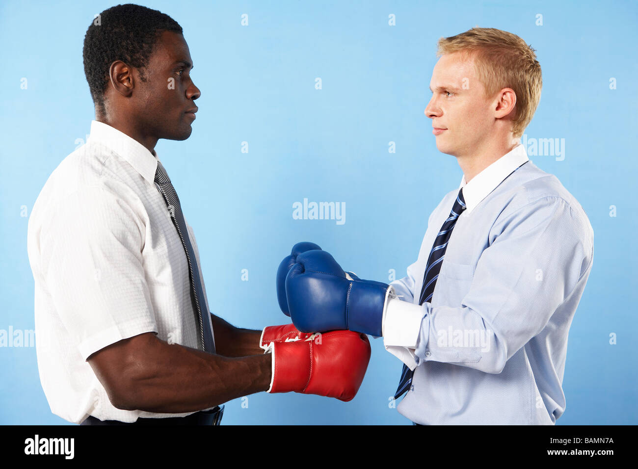 Businessmen Wearing Boxing Gloves Making A Truce Stock Photo Alamy