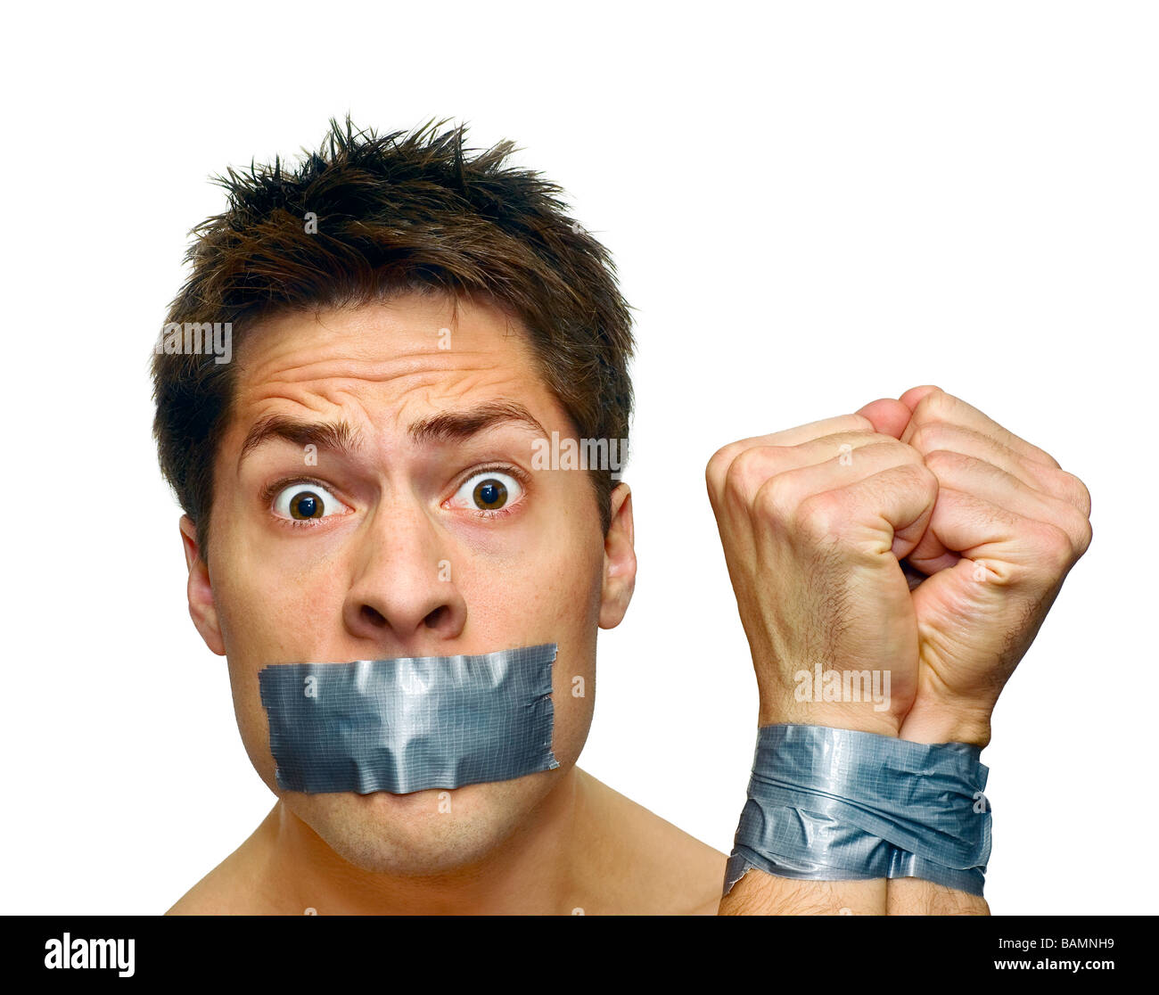 Man with tape; Man with his mouth and wrists taped Stock Photo