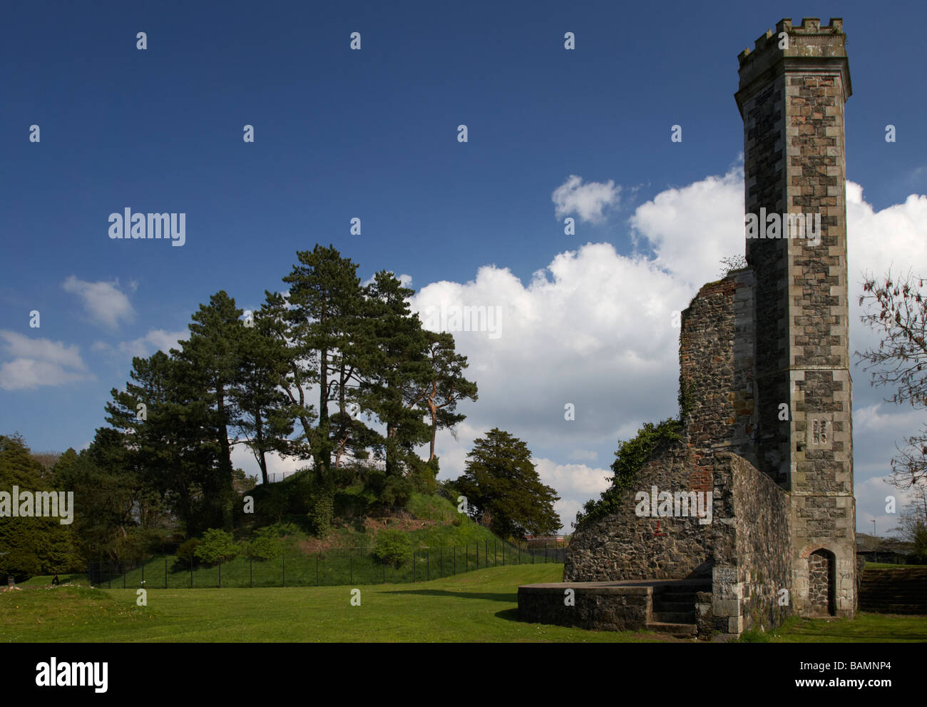 Motte and Freestanding Italian stair tower all that remains of Antrim Castle county antrim northern ireland Stock Photo