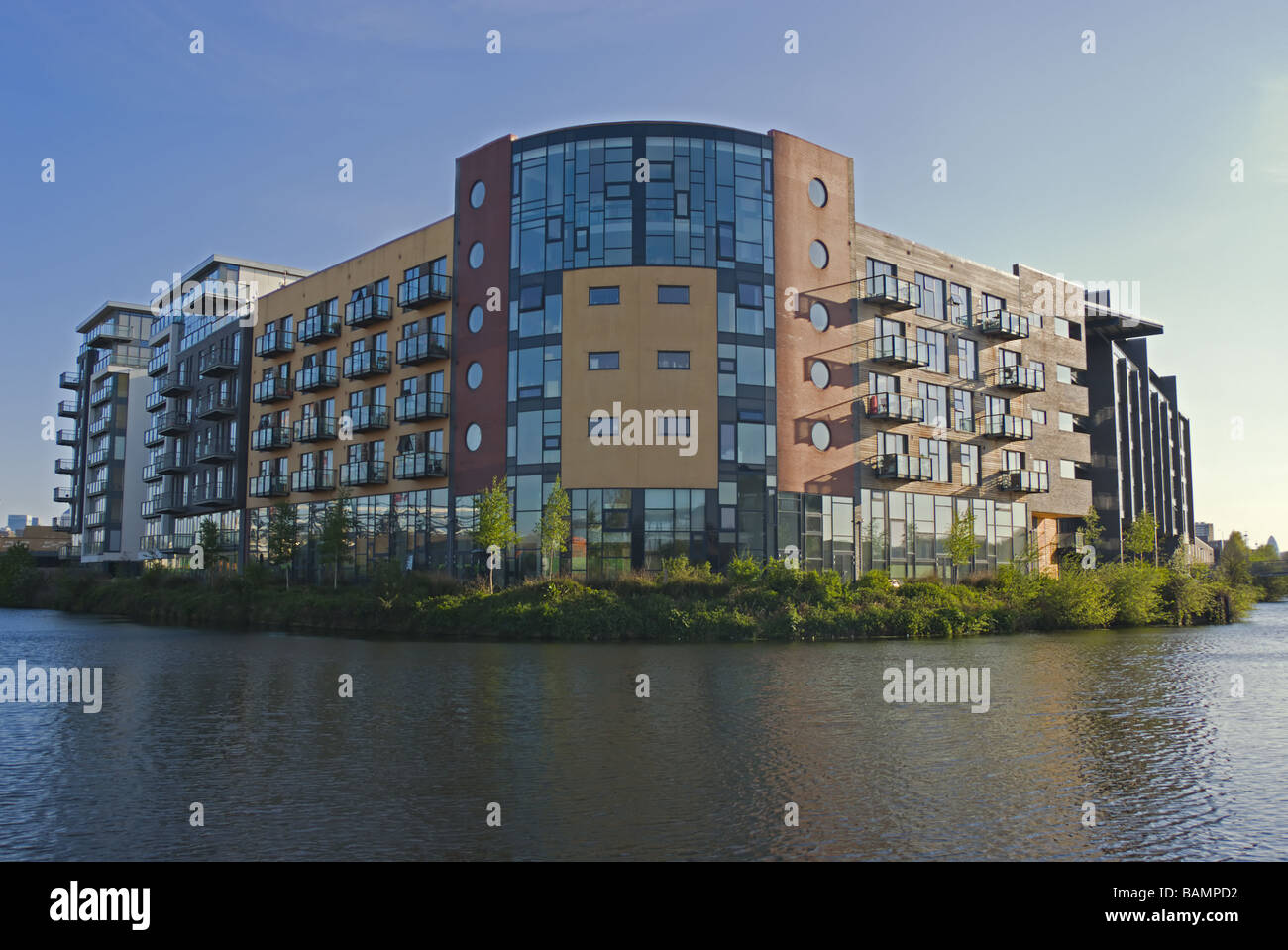 Canalside apartments overlooking the Stratford Olympic park in east